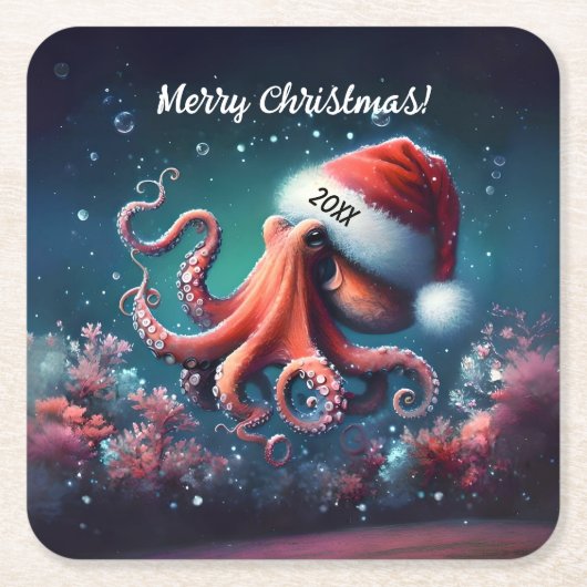 Schöner Oktopus in Weihnachtsmannmütze Rechteckiger Pappuntersetzer (Vorderseite)