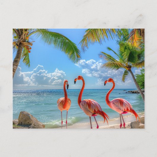 Schöner Ozean Pink Flamingos Palm Trees Sand Postkarte (Vorderseite)