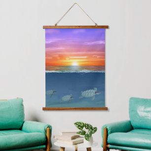 Schöner Ozean-Sonnenaufgang und schwimmende Meeres Wandteppich Mit Holzrahmen