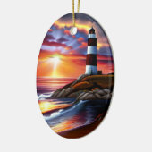 Schöner Ozean Sonnenuntergang und Leuchtturm Perso Keramik Ornament (Links)