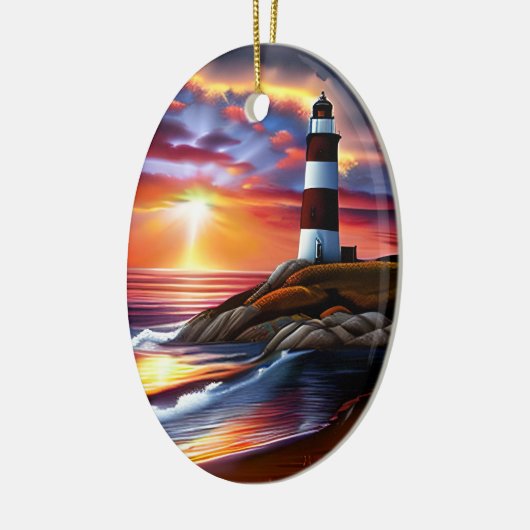 Schöner Ozean Sonnenuntergang und Leuchtturm Perso Keramik Ornament (Links)