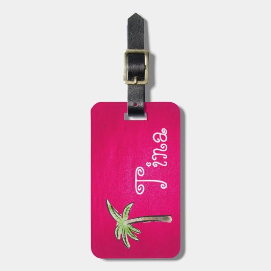 Schöner Palmenbaum auf rosa Hintergrund Gepäckanhänger (Vorderseite vertikal)