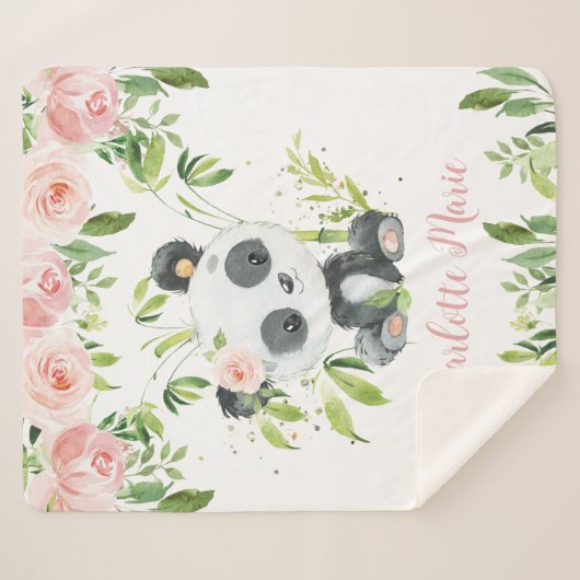 Schöner Panda Bär Rosa Blumengrün Sherpadecke (Vorderseite (Horizontal))