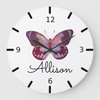 Schöner Personalisierter Lila Schmetterling Große Wanduhr