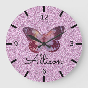 Schöner Personalisierter Lila Schmetterling Große Wanduhr