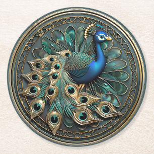 Schöner Pfau Blau Gold Türkis Art Deco Runder Pappuntersetzer