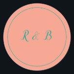 Schöner Pfirsich und Aquamarin Runder Aufkleber<br><div class="desc">Ein schöner Pfirsich und aquamariner klassischer Rundaufkleber,  können Sie Ihre Initialen in die Vorlage einfügen. Mit einem pfirsichfarbenen Hintergrund und aquamarinem Schriftart und Rand,  personalisieren Sie Ihre noch heute!</div>