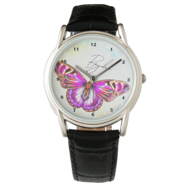 Schöner Pink Butterfly Illustration Individuelle N Armbanduhr (Vorderseite)