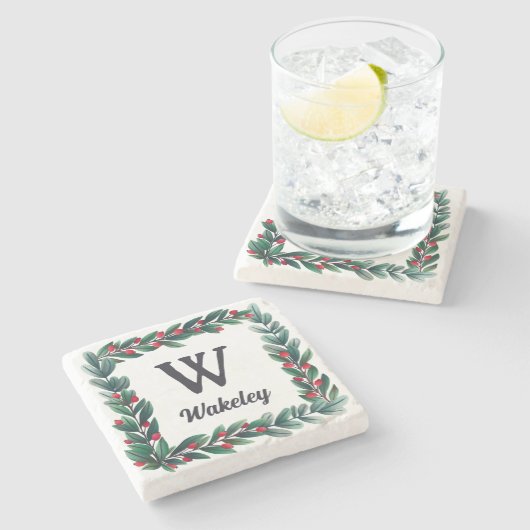 Schöner quadratischer Weihnachtskranz Monogramm Steinuntersetzer (Seitenansicht)