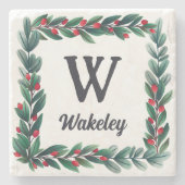Schöner quadratischer Weihnachtskranz Monogramm Steinuntersetzer (Vorderseite)