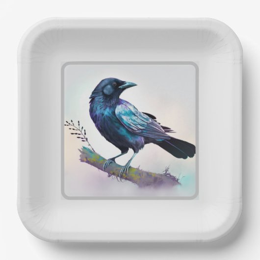 Schöner Rabe auf einem Baumzweig Pappteller (Vorderseite)