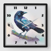 Schöner Rabe auf einem Baumzweig Quadratische Wanduhr (Vorderseite)