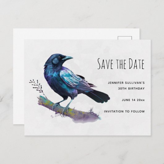 Schöner Raven auf einem Baumzweig Save the Date Einladungspostkarte (Vorne/Hinten)