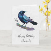 Schöner Raven auf einem Baumzweig zum Geburtstag Karte (Gelbe Blume)