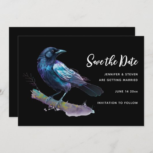 Schöner Raven sitzt auf einem Zweig Save The Date (Vorne/Hinten)