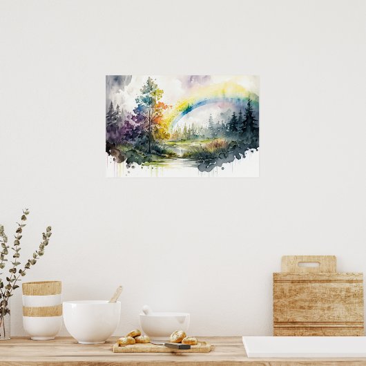 Schöner Regenbogen nach dem Regen im Wald Poster (Küche)