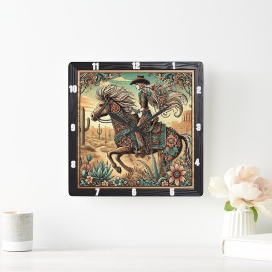 Schöner Reiter auf einem Pferd in der Wüste Landsc Quadratische Wanduhr (Zuhause)