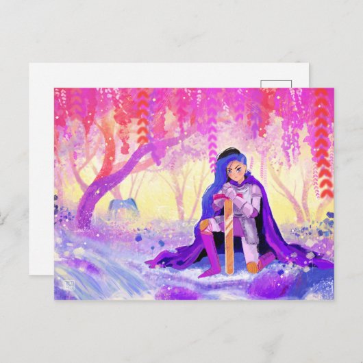 Schöner Ritter in einem blühenden Wald Postkarte (Vorne/Hinten)