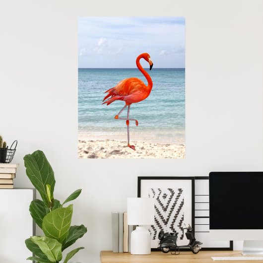 Schöner rosa Flamingo Bird am Strand Poster (Heimbüro)