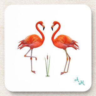 Schöner rosa Flamingo-Vögel & Monogramm auf Weiß Getränkeuntersetzer
