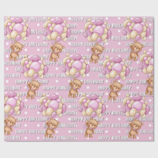 schöner rosa Teddy Geburtstag Geschenkpapier (Flach)