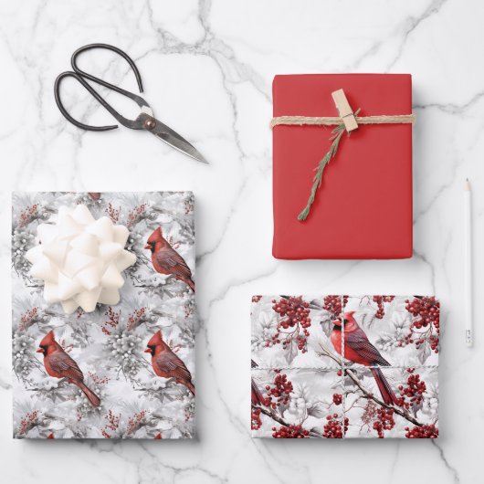 Schöner Roter Kardinal auf dem Snowy Branch Winter Geschenkpapier Set (Vorderseite)