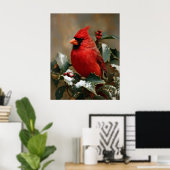 Schöner roter Kardinal auf schneebedecktem Stechpa Poster (Heimbüro)
