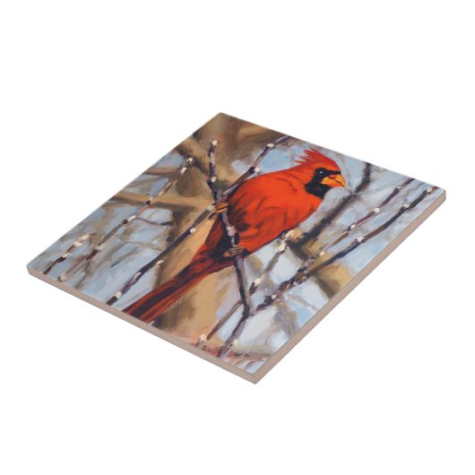 Schöner Roter Kardinal Bird in Bare Tree Fliese (Seite)