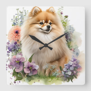 SCHÖNER ROTER SPITZ HUND MIT WILDBLUMEN QUADRATISCHE WANDUHR