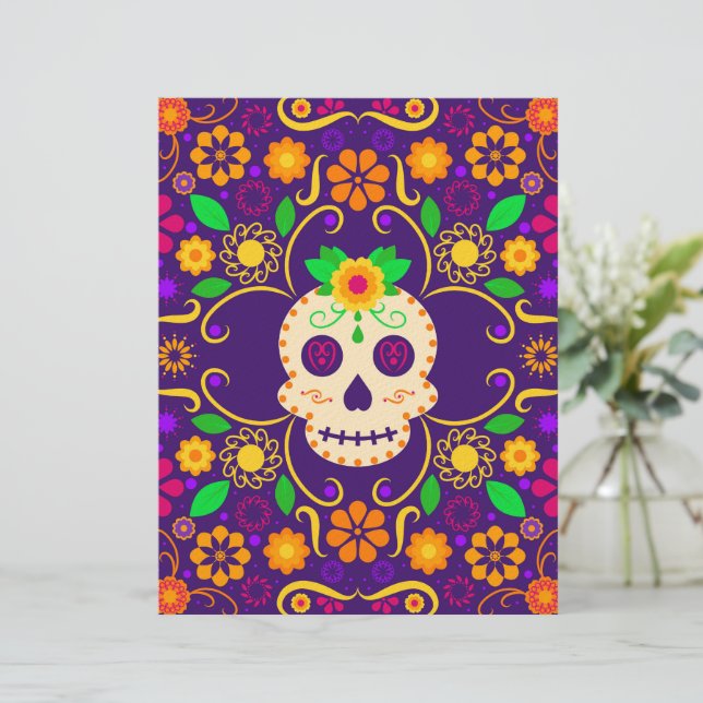 Schöner Schädel mit Blume Día de los Muertos Briefbogen (Stehend Vorderseite)