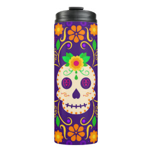 Schöner Schädel mit Blume Día de los Muertos Thermosbecher
