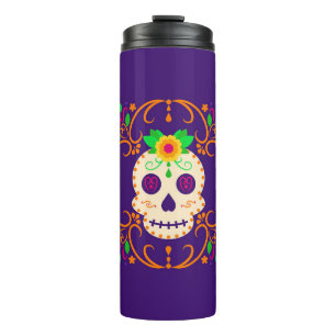 Schöner Schädel mit Blume Día de los Muertos Thermosbecher