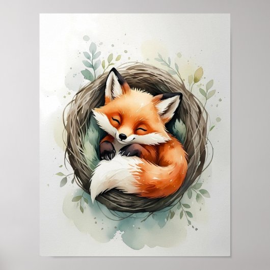 Schöner Schlaffox-Nest Aquarellbilder Poster (Vorne)