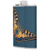 Schöner Schmetterling auf dunkelblauer Flasche Flachmann (Links)