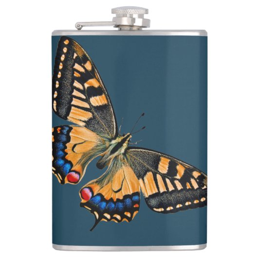 Schöner Schmetterling auf dunkelblauer Flasche Flachmann (Vorderseite)