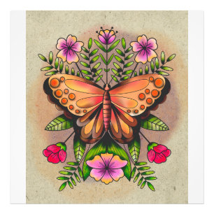 Schöner Schmetterling und farbenfrohe Blumen Fotodruck