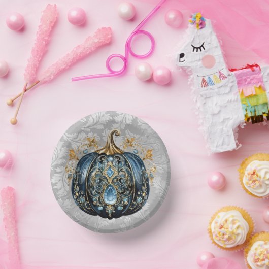 Schöner, schmuckfreier Kürbis in Blau und Gold Pappteller (Party)