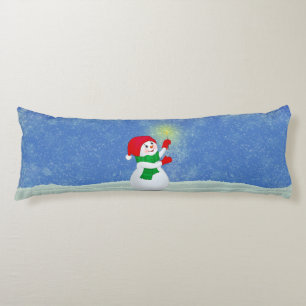 Schöner Schneemann auf himmelblauem Körperkissen