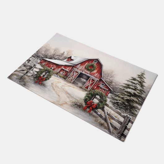 Schöner SchneeWinter Rustikaler Roter Barn Weihnac Fußmatte (Schrägansicht)