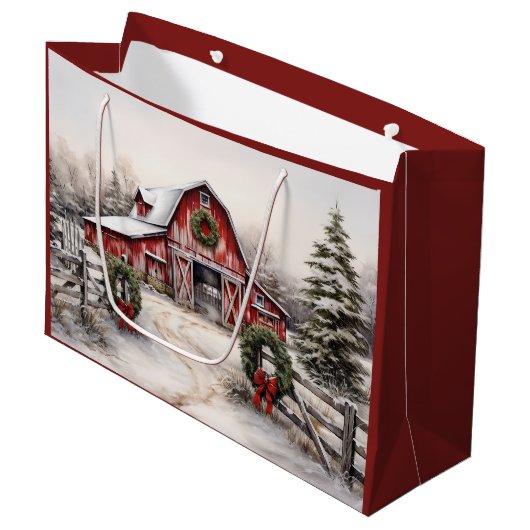 Schöner SchneeWinter Rustikaler Roter Barn Weihnac Große Geschenktüte (Vorderseite Schrägansicht)