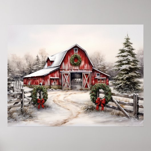Schöner SchneeWinter Rustikaler Roter Barn Weihnac Poster (Vorne)