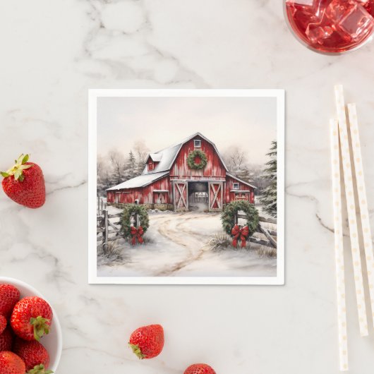 Schöner SchneeWinter Rustikaler Roter Barn Weihnac Serviette (Beispiel)