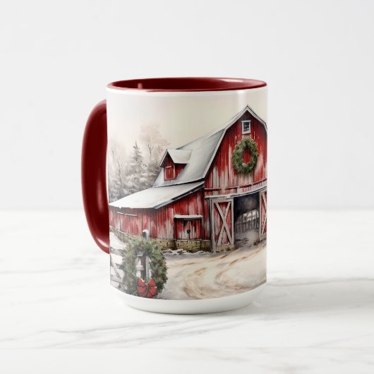 Schöner SchneeWinter Rustikaler Roter Barn Weihnac Tasse (Vorderseite Links)