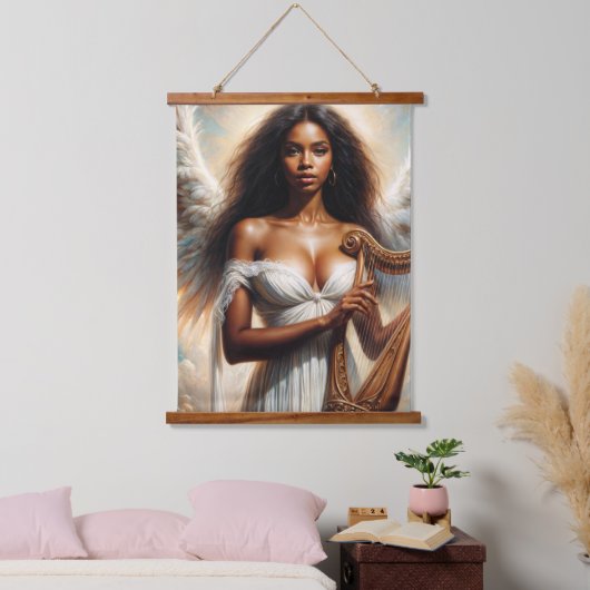 Schöner schwarzer Angel mit Harfe Wandteppich Mit Holzrahmen (Schlafzimmer)