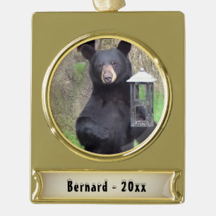 Schöner schwarzer Bär Genießen Sie einen Snack Banner-Ornament Gold