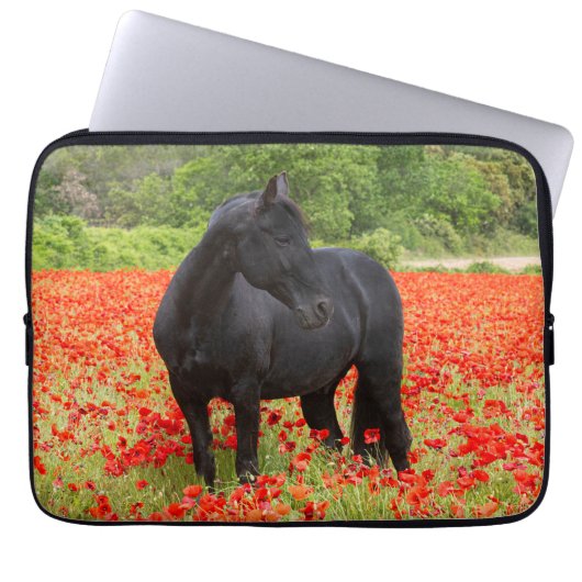 Schöner schwarzer Hengst in einem Mohnfeld-Noteboo Laptopschutzhülle (Vorderseite)