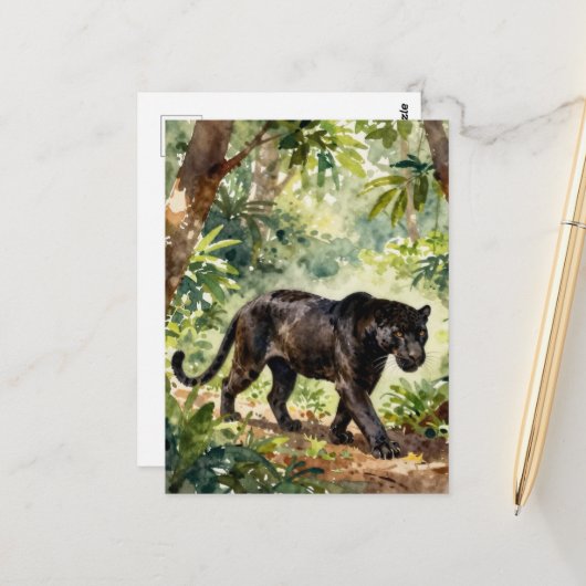 Schöner schwarzer Panther im Wald Postkarte (Vorderseite/Rückseite Beispiel)