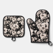Schöner schwarzer und leichter Sepiaton floral Ofenhandschuh & Topflappen-Set (Vorderseite)