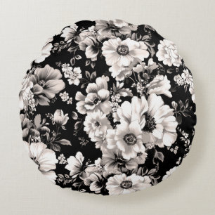 Schöner schwarzer und leichter Sepiaton floral Rundes Kissen