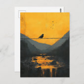 Schöner schwarzer Vogel auf einem Draht in den Ber Postkarte (Vorne/Hinten)